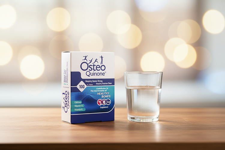 قرص استئوکینون همراه با لیوان آب برای مصرف روزانه